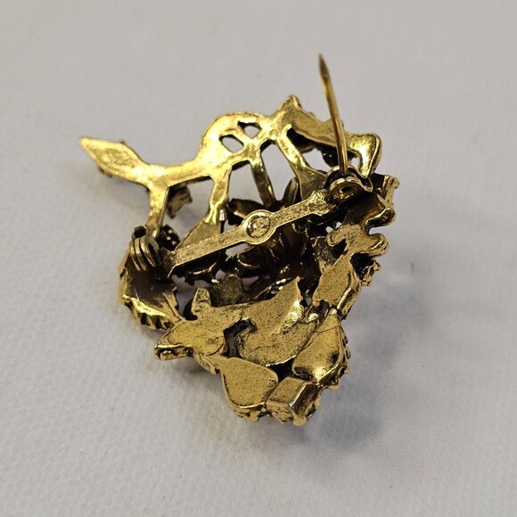 Vintage Gold Tone Metal Teardrop Crescent Moon Rhinestone Brooch Leaf Pin - Picture 3 of 7